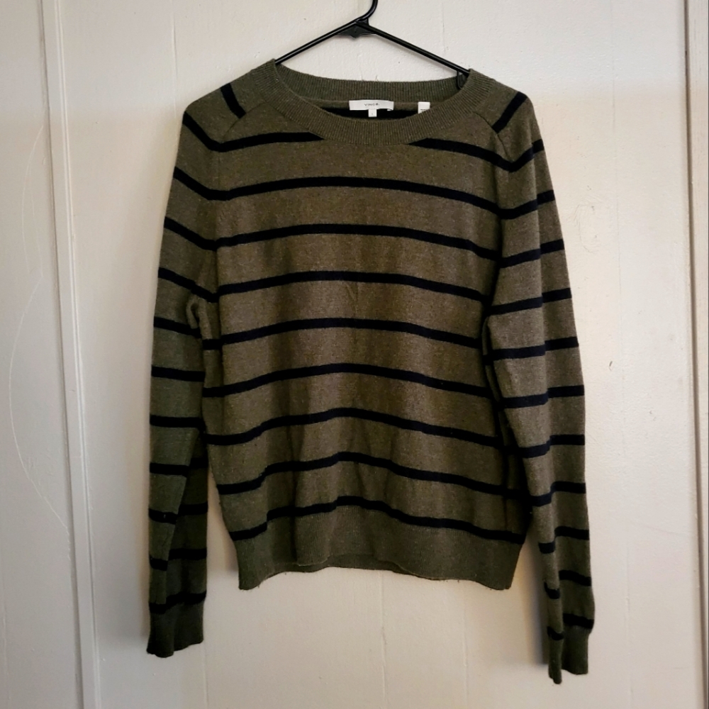 Vince Olive green/black stripe crewneck sweater.